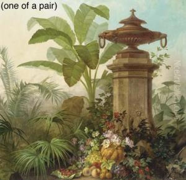 Assorted Flowers With Grapes, 
Strawberries, Peaches And A Pumpkin In A Tropical Garden; Tropical 
Plants And Flowers Before A Balustrade Oil Painting by Jean Capeinick