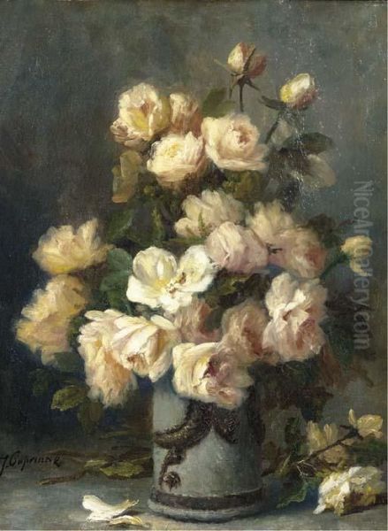 Roses In A Vase Oil Painting by Jean Capeinick