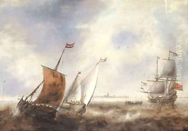 Two smalschips in stormy waters with a Dutch Man of War off the coast of a town Oil Painting by Jacob Adriaensz. Bellevois