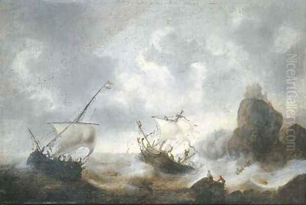 A coastal landscape with frigates off the coast in a storm Oil Painting by Jacob Adriaensz. Bellevois