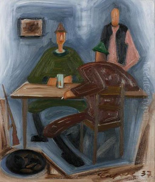 Huntsmen In A Pub Oil Painting by Josef Capek