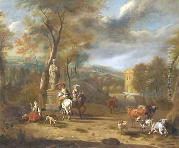 Elegant company on horseback by a fountain in a wooded landscape Oil Painting by Jan Van Der Bent