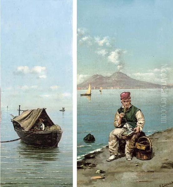 A Neapolitan Fisherman Smoking 
On The Shore, Vesuvius Beyond; And A Fisherman At His Moorings Oil Painting by Vittorio Capessiero