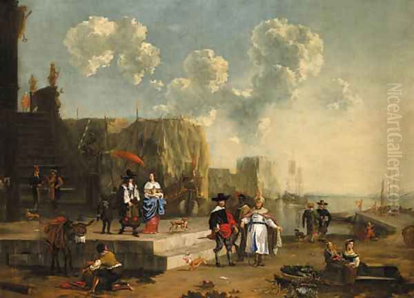 A capriccio of a Mediterranean harbour with elegant travellers, a moor and an oriental merchants, and other figues Oil Painting by Jan Van Der Bent