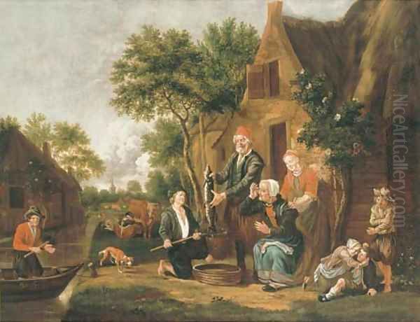 Fishermen selling their catch at a riverside cottage Oil Painting by Jan Van Der Bent