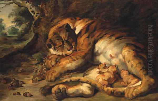 Tiger with Cubs Oil Painting by Josef Bche