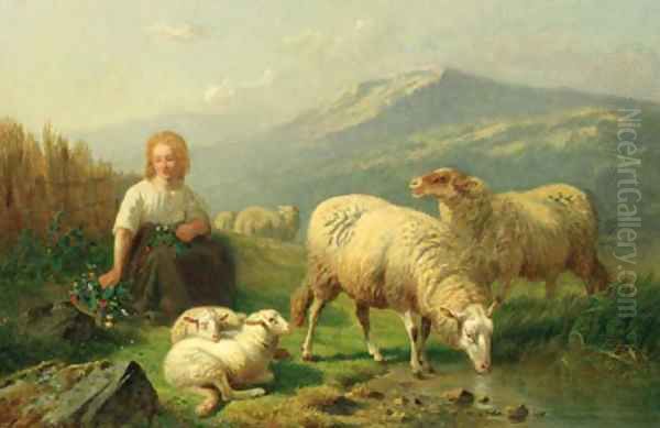 A young shepherdess and her flock in a mountainous landscape Oil Painting by Laurent De Beul