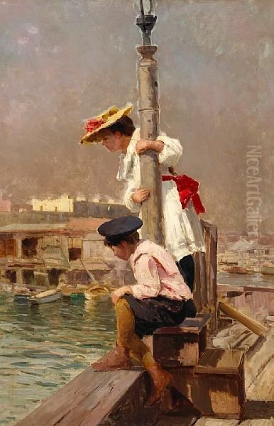 On The Pier Oil Painting by Gaetano Capone