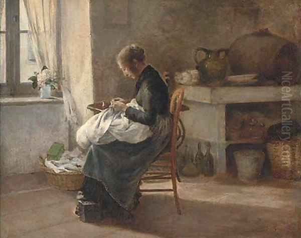 Woman sewing in an interior Oil Painting by Marie-Gabriel Biessy