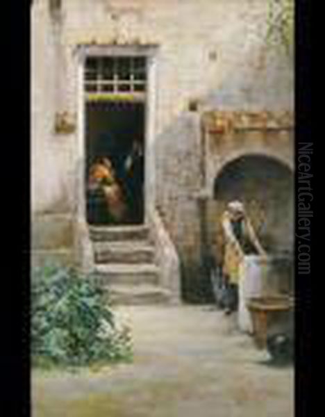 Cortile Con Lavandaia Oil Painting by Gaetano Capone