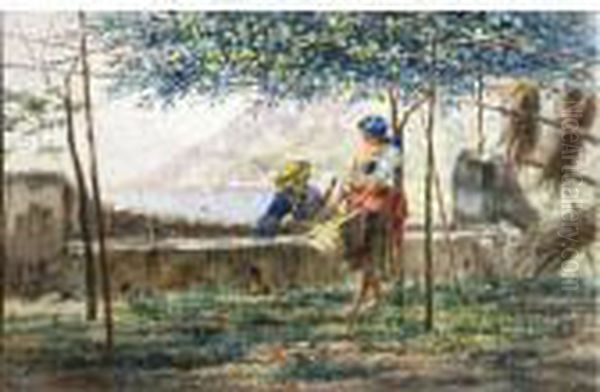 La Raccolta Dei Limoni In Costiera Amalfitana - Acquerello Su Cartone Oil Painting by Gaetano Capone