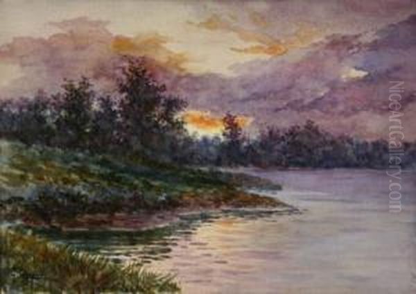 River Landscape At Sunset Oil Painting by Gaetano Capone