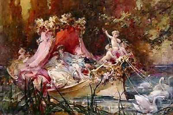 A Lovers' Barge Drawn by Swans Oil Painting by Maynard Brown