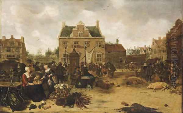 A market scene in a town square Oil Painting by Sybrand Van Beest