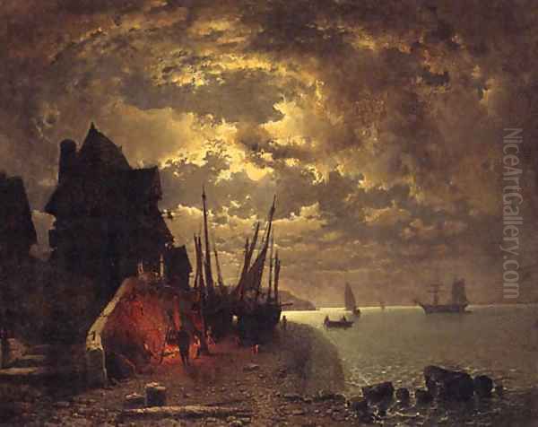 Fisherfolk Before A Fire At Low Tide, In A Moonlit Coastal Inlet Oil Painting by Tony Francis De Bergue