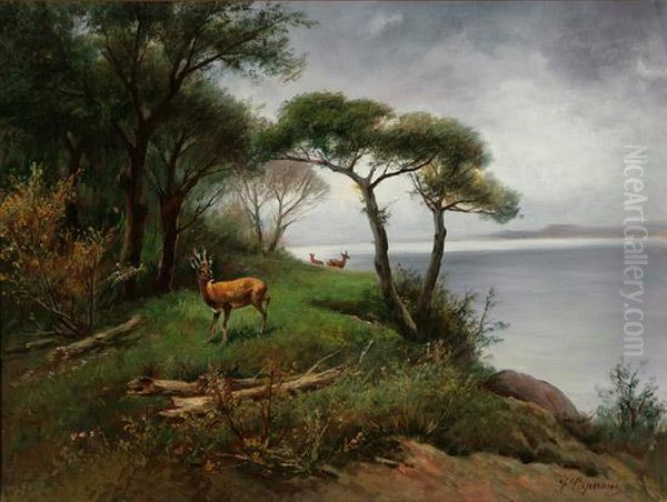 River Landscape With Stag Oil Painting by Francesco Capuano