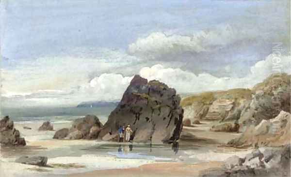 Figures before rocks on the foreshore at low tide Oil Painting by William Roxby Beverley