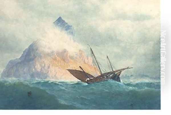 A xebec off a rocky Mediterranean outcrop Oil Painting by William Roxby Beverley