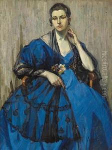 Modella In Blu Oil Painting by Ulisse Caputo