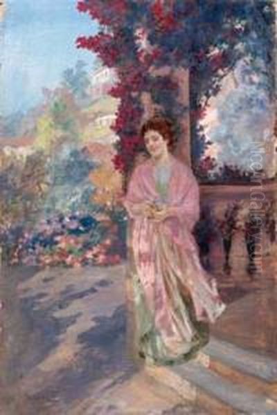 Ragazza Con Scialle Rosa Oil Painting by Ulisse Caputo