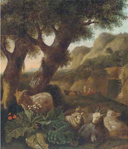 A wooded landscape with sheep and figures resting Oil Painting by Abraham Jansz Begeyn