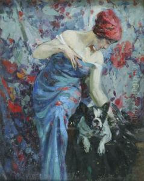 Elegante Et Son Bulldog Oil Painting by Ulisse Caputo