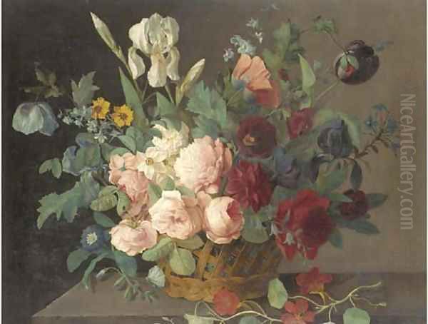 Roses, narcissi, irises, tulips and other flowers in a basket on a stone ledge Oil Painting by Arnoldus Bloemers