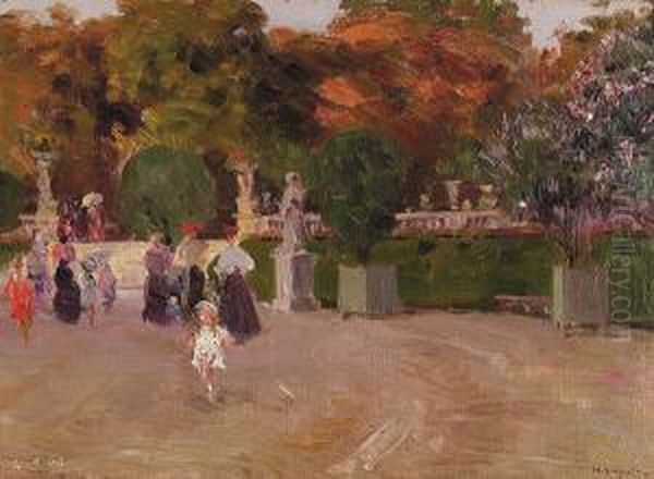 A French Park Oil Painting by Ulisse Caputo