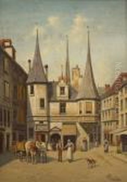 Place Du Marche Des Hallesa Oil Painting by Victor Carabain