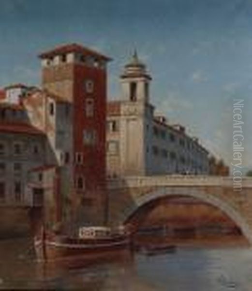 Ponte Fabricio (o Dei Quattro Capi) All'isola Tiberina Inroma Oil Painting by Victor Carabain