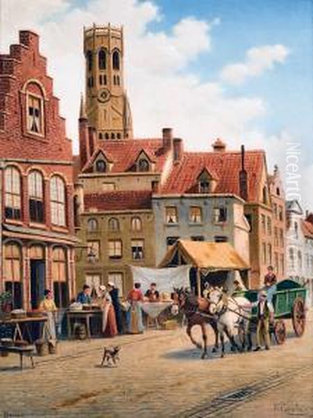 Marche Aux Oeufs, Bruges Oil Painting by Victor Carabain