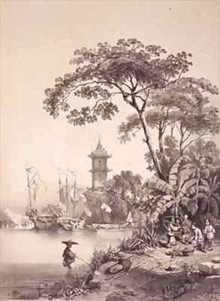 A Pagoda on the Macao-Canton Canal Oil Painting by Auguste Borget