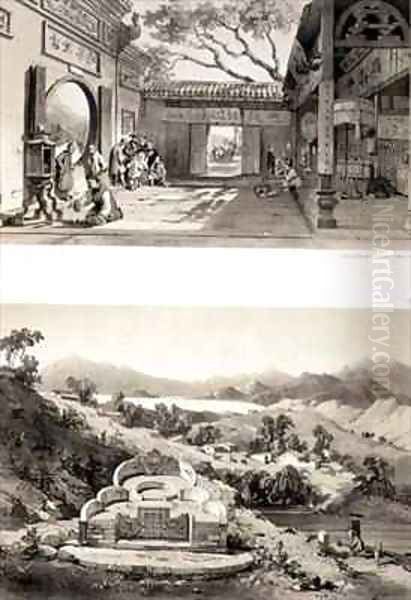 Interior View of the Great Temple at Macao and a Tomb and Village between the Bays of Hong Kong and Cowloon Oil Painting by Auguste Borget