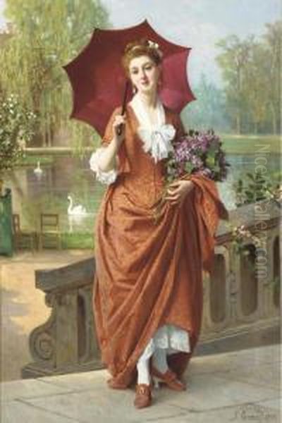 The Red Parasol Oil Painting by Joseph Caraud