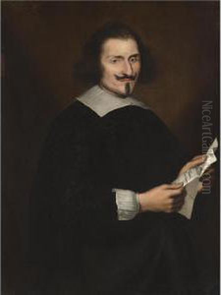 Portrait Of A Gentleman, Half 
Length, Said To Be Traiano Buoninsegni, Wearing Black And Holding A 
Letter Oil Painting by Giovanni Bernardo Carbone