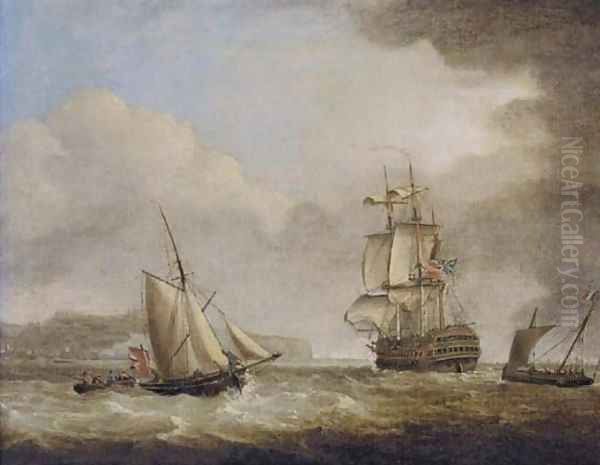 A British Royal Naval two-decker in the Channel off Dover Oil Painting by Charles Brooking