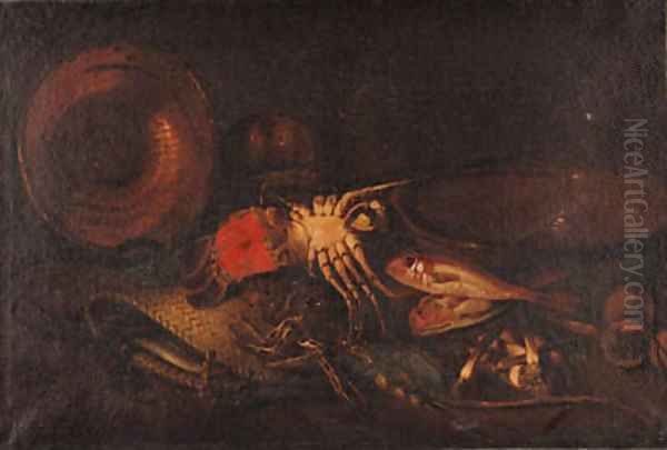 Lobsters, a basket, an upturned copper dish, red mullet, a terracotta bowl on a ledge Oil Painting by Felice Boselli