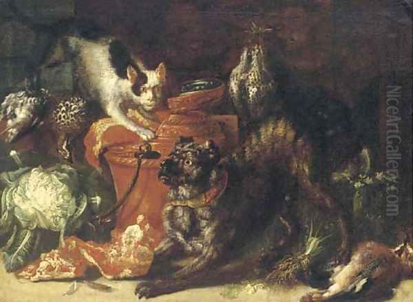 A dog and a cat in a kitchen interior with game and vegetables Oil Painting by Felice Boselli