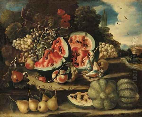 Melons, pears, grapes and apples on a bank Oil Painting by Felice Boselli