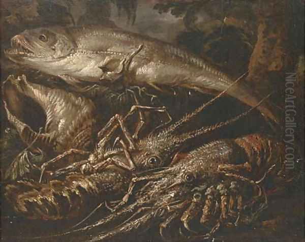 Two lobsters, a salmon and shells on a forest floor Oil Painting by Felice Boselli