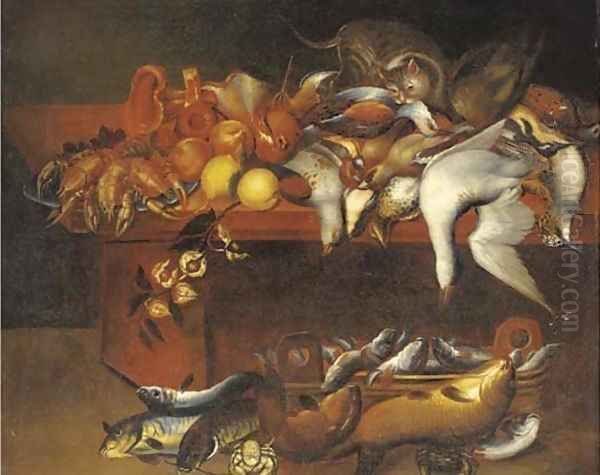 Dead game birds, fish, lobster, fruit and flowers with a cat on a table Oil Painting by Felice Boselli