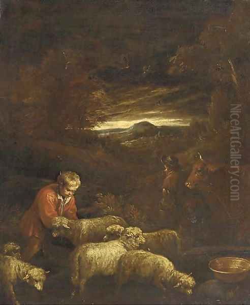 A wooded landscape with a shepherd and his flock Oil Painting by Francesco Da Ponte, Called Francesco Bassano