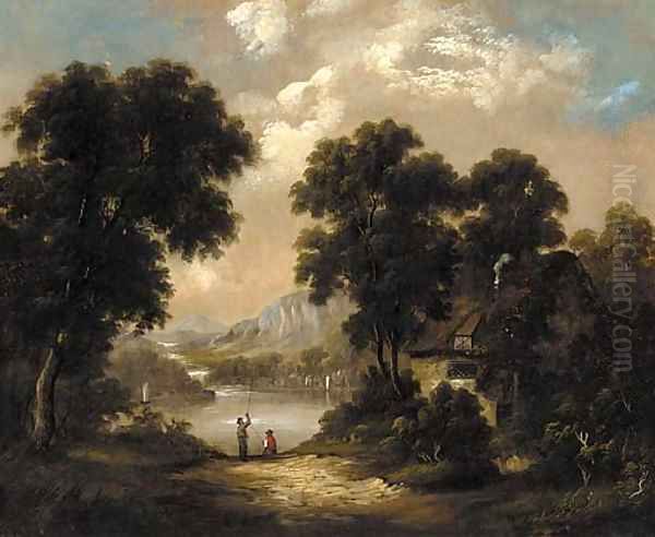 Anglers in a lake landscape Oil Painting by George Barret