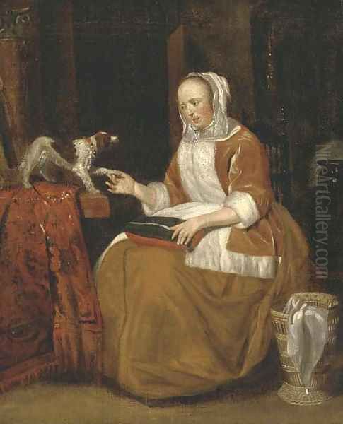 A lady seated in an interior, with a dog on a partly draped table Oil Painting by Gerard Ter Borch