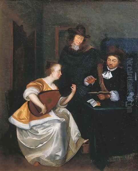 A woman playing the theorbo accompanied by two gentlemen, in an interior Oil Painting by Gerard Ter Borch