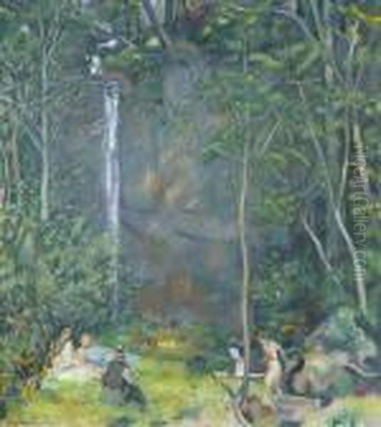 Waldlichtung Mit Wasserfall Und Rastender Gesellschaft Oil Painting by Emil Cardinaux