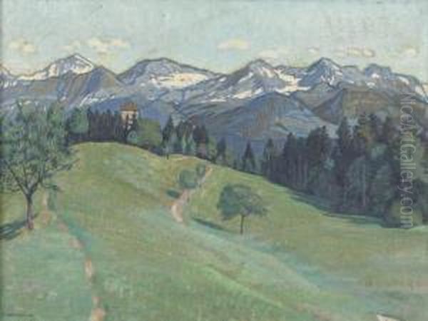 Fruhlingslandschaft Mit Strattligturm Bei Spiez. Oil Painting by Emil Cardinaux