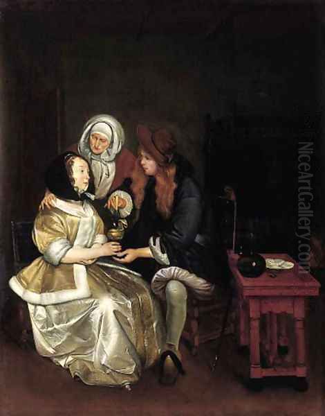 An elegant couple attended by a procuress Oil Painting by Gerard Ter Borch