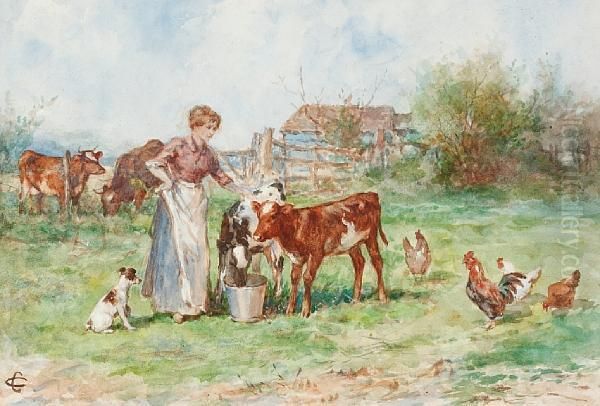 Milkmaid With Calves, And Companion Oil Painting by Claude Cardon