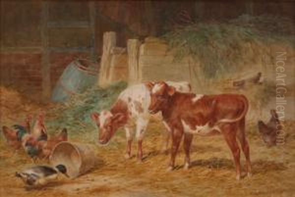 View Of A Farmyard With Two 
Calves Standing Beside Hens And A Duck Feeding From An Upturned Bucket Oil Painting by Claude Cardon